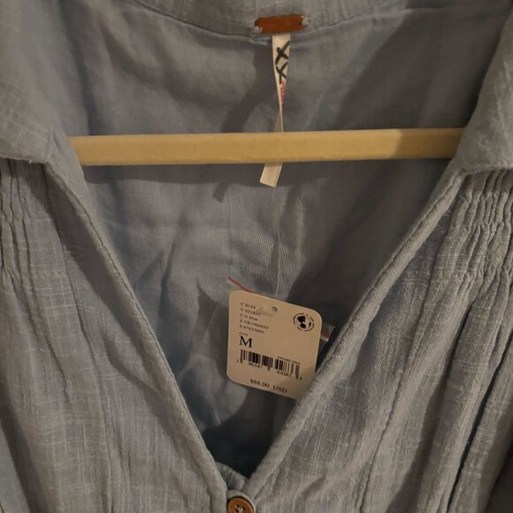 Free People Blue Liesel Shirt Dress Smocked Waist Balloon Sleeves Medium - Picture 5 of 6